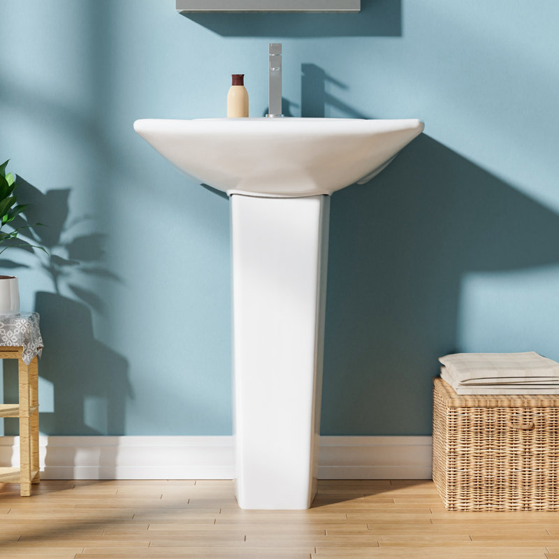 24" W x 19" D Bathroom Pedestal Sink Rectangular Vitreous China, 1 Faucet Hole & Overflow, White, Glossy White