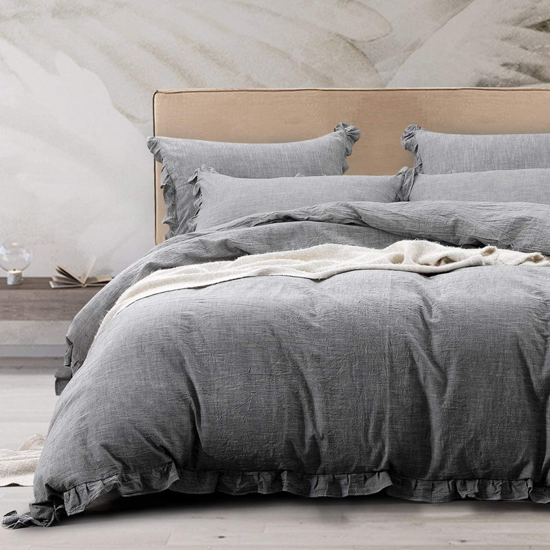 Ensemble de housse de couette 3 pièces en lin de couleur unie avec volants exquis - NTBAY, Gris foncé