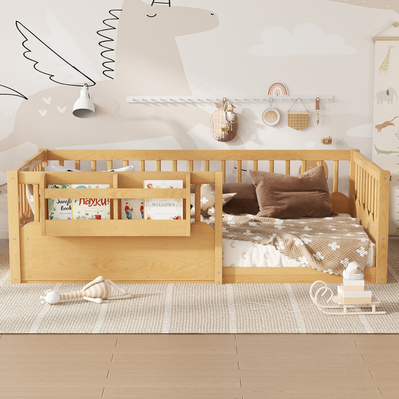 Taquile Kids Wood Floor Bed with Fence & Built-In Bookshelf, Natural, Twin