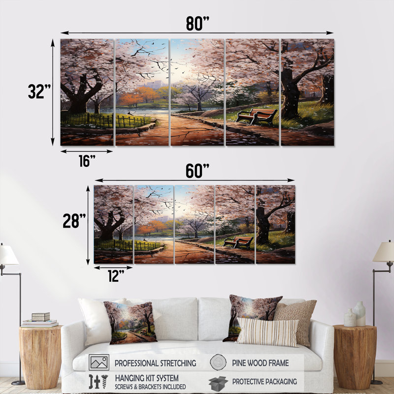 «Pink Springtime Park», art mural 5 pièces, H 28 po x l 60 po