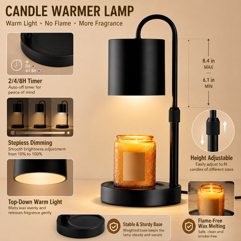 Adjustable Candle Warmer Lamp, Solid Wood Base and Timer