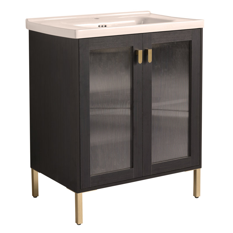 Contreplaqué de meuble-lavabo autoportant de 28 pouces avec lavabo en céramique, porte à fermeture douce (ensemble KD)