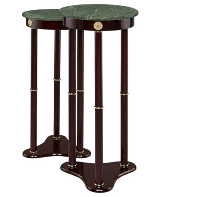 Marble Top Accent Table Round Wooden Pedestal Base Set of 2, Merlot