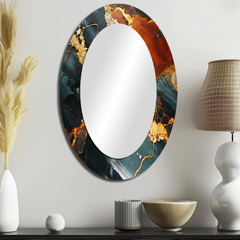 Or et vert abstrait serein marbre Dream V - grand miroir mural ovale sur métal, 36 po x 24 po
