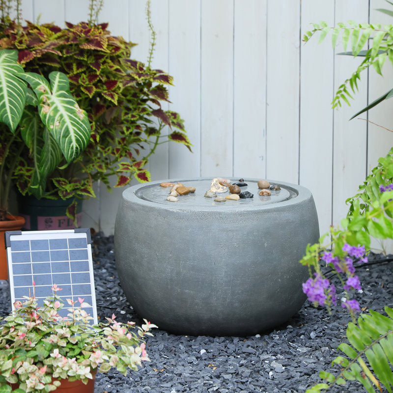 18" Solar Garden Bubbler Waterfall Fountain with LED Lights & Pump, Spherical Basin Fountain  for patio, deck & yard, Grey