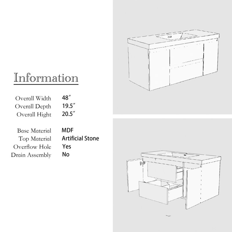 Orinate 48'' Single Bathroom Vanity with Resin Top, White
