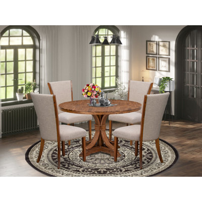 5 Piece Dinette Set Consists of a Round Dining Table with Pedestal and 4 Light Tan Linen Fabric Parson Chairs, Antique Walnut