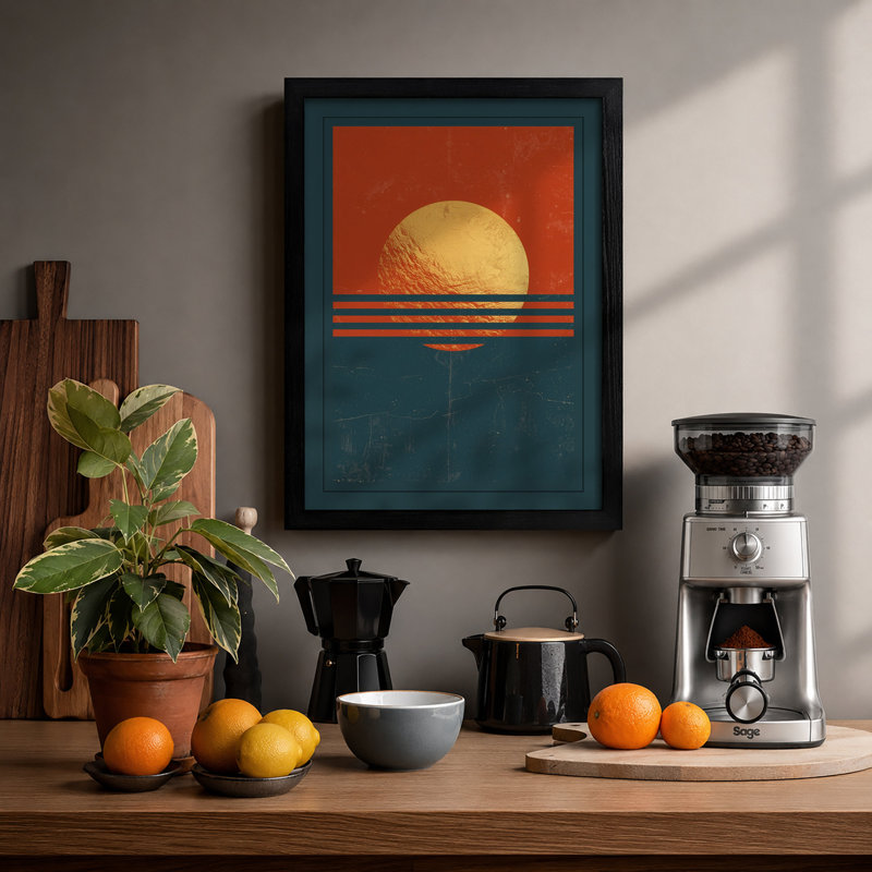 Sun Meets Water Minimalist - Framed Print, Black, A4 - 29.7 x 21.0 cm