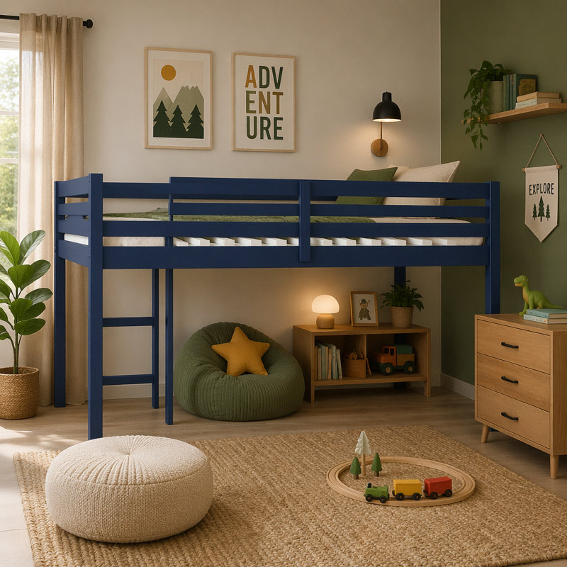 Lit mezzanine simple en bois massif et en bois d'hévéa avec échelle, plateforme de lattes renforcées, bleu (ancien numéro de référence W504P190958)