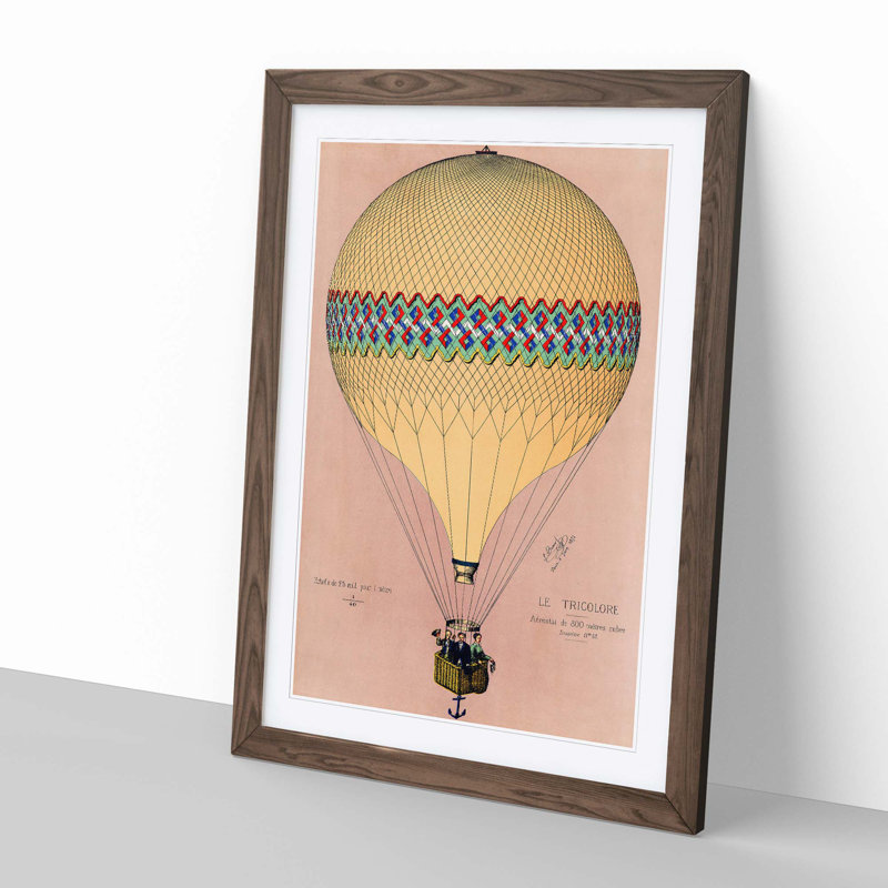 Tri-Colour Hot Air Balloon in Paris - Picture Frame Painting Print on MDF, 50cm H x 35cm W x 2cm D, Walnut