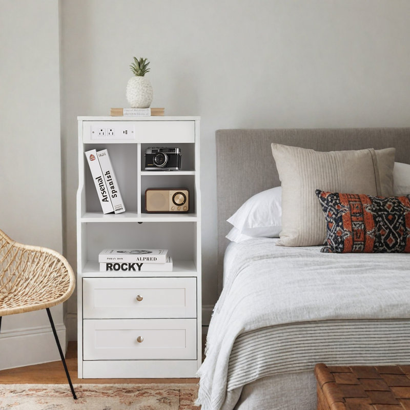 Tall Nightstand With Charging Station And LED Lighting, 2 Drawers, White