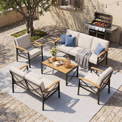 Ensemble de patio pour 7 personnes, ensemble de conversation pour l'extérieur avec coussins résistants aux intempéries, ensemble de mobilier de patio robuste en métal pour la cour, le bord de la piscine