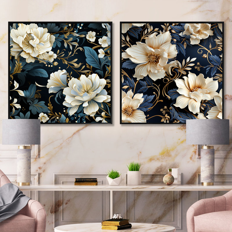 Grateron - Ensemble de 2 collages carrés floraux, Cadre flottant noir, H 16 po x l 33 po