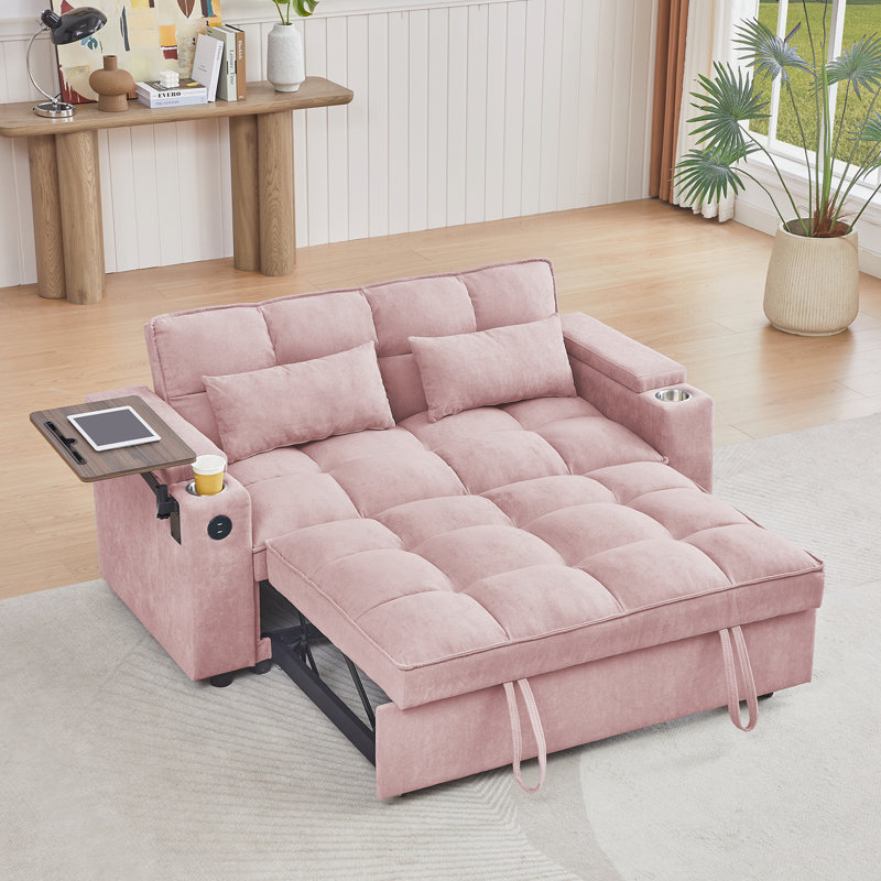 Canapé-lit avec causeuse et accoudoirs avec rangement, Rose