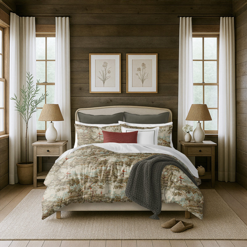 Greenwood Ivory/Red Linen Duvet Cover Set, Twin Duvet + 1 Standard Shams