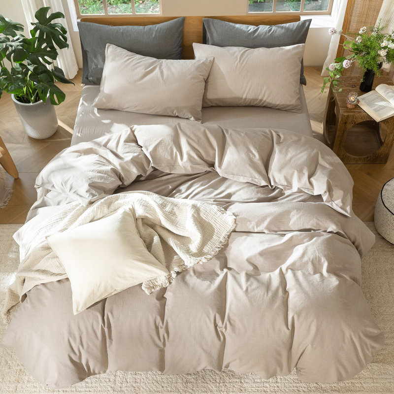 MooMee Lightweight Duvet Cover Set with Zipper Closure 8 Ties 100% Washed Cotton Linen Like Textured Soft Breathable All-Season