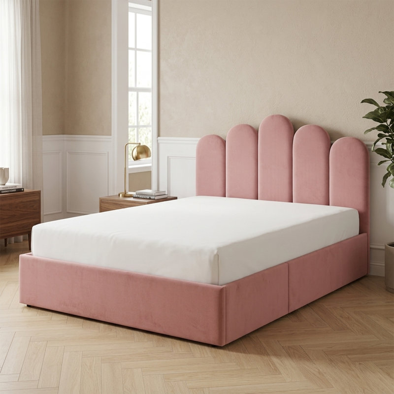Lit plateforme tapissier Petal Palm, Double, Rose