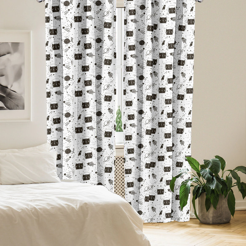 Black and White Space Cat Pattern Rod Pocket Curtains
