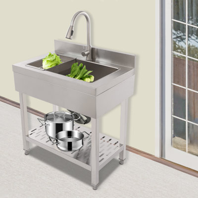 Évier de cuisine à cuve simple en acier inoxydable avec robinet escamotable