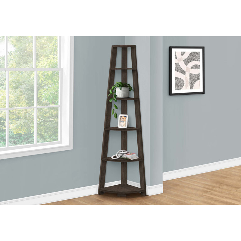 Hewitt Triangular Laminate Bookcase with Space Saving Contemporary Etagere for Office, Bedroom Corner Spaces, Dark Walnut