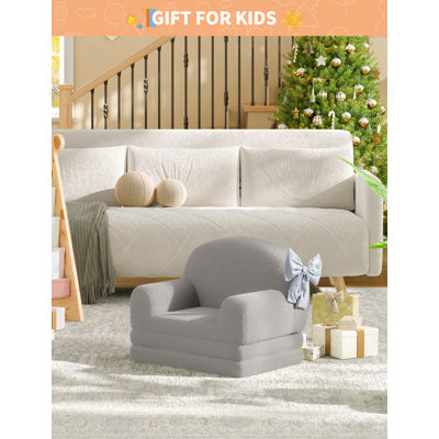 2-in-1 Convertible Kids Sofa Chair – Soft Sherpa, High-Density Foam, Fold Out Lounger for Playroom, Nursery – Easy-Clean, Comfy Toddler Couch, Gift for Kids – Grey