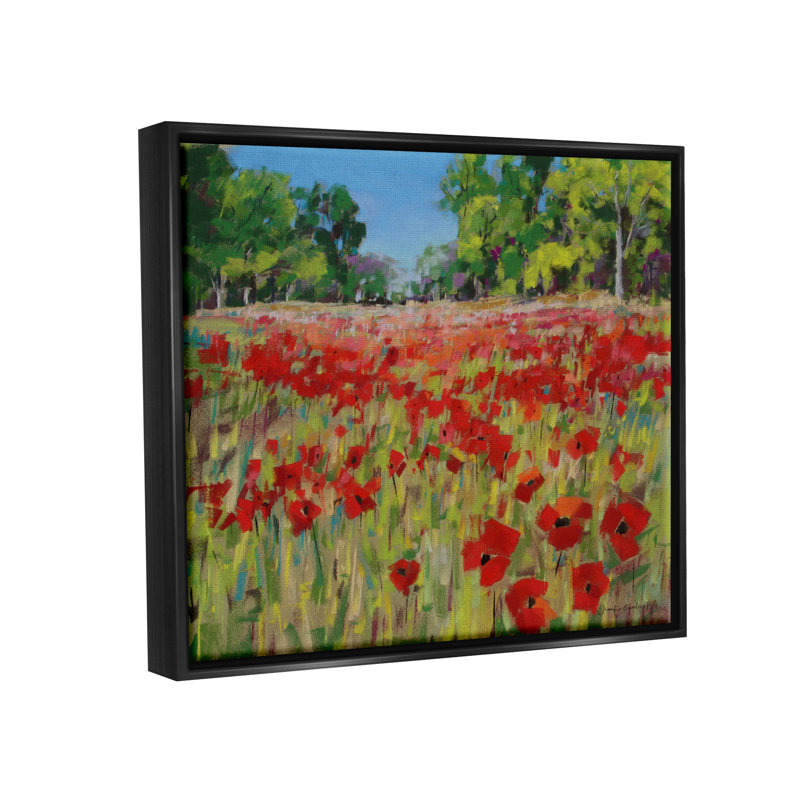 «Vivid Poppy Field Modern Scenery» par Jennifer Gardner - Peinture, Cadre flottant noir de jais, H 17 po x l 21 po x P 1,7 po