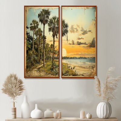 Collage rétro de la Floride, palmiers et plage V - art mural vert