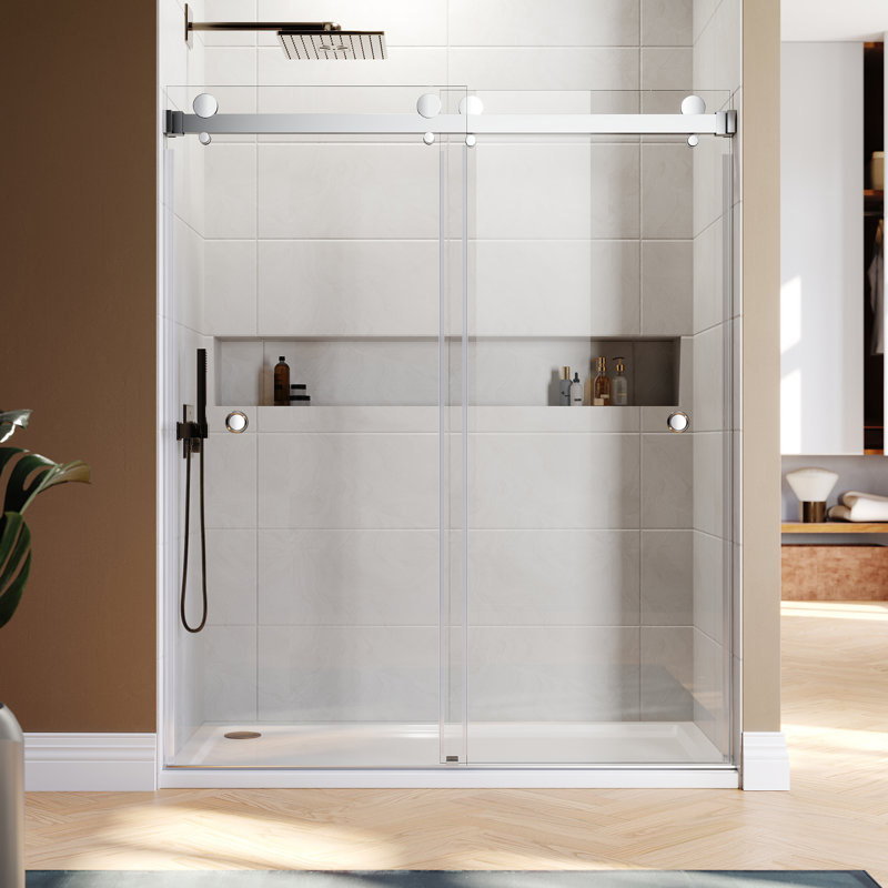 Royal 56 to 58 in. x 80 in. H Frameless  Double Sliding Shower Door with Two Finger Pulls in Chrome and 3/8 in. (10mm) Clear Glass