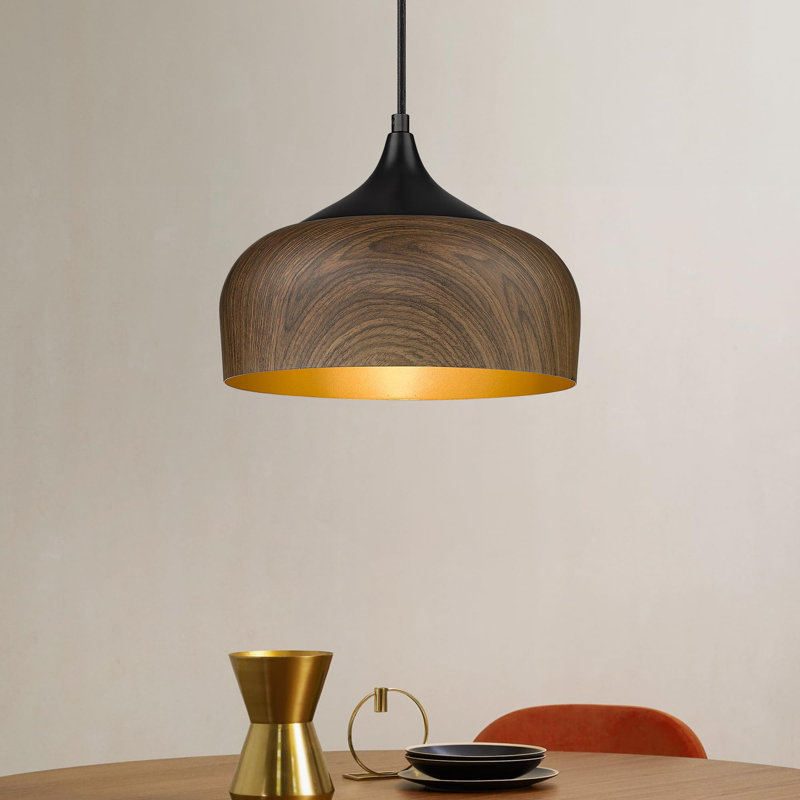 Luminaire suspendu moderne en bois de noyer à motif de dôme suspendu en métal noir mat Finition intérieure dorée Éclairage suspendu réglable pour îlot de cuisine Bureau, couloir, vestibule, chambre à coucher