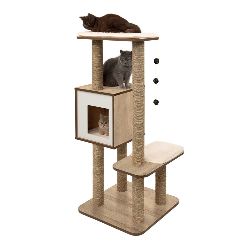 Tall Dark Brown Sisal Cat Tree with Oak Finish