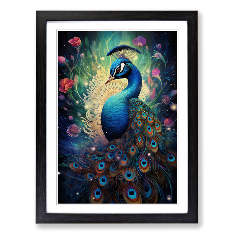 Peacock Conceptual - Single Picture Frame Print on Wood, 64cm H x 46cm W x 2cm D, Black Framed