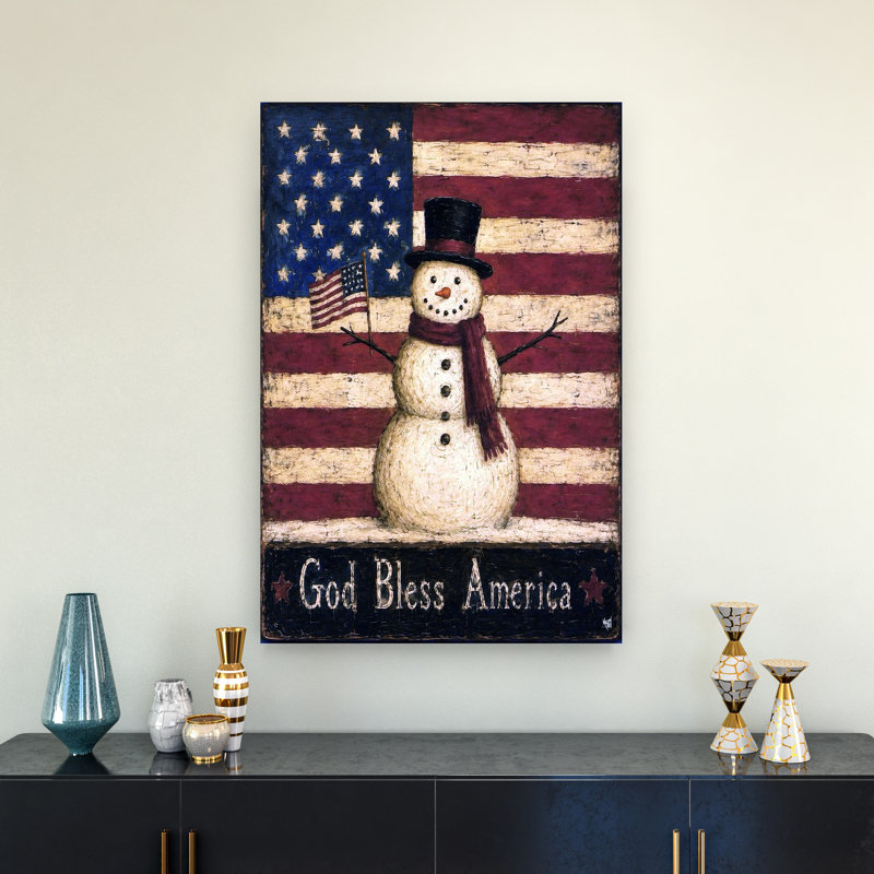 God Bless America Snowman Vintage Winter Wall Art Print 1 Piece Wrapped Canvas Wall Art, 91.44cm H x 60.96cm W