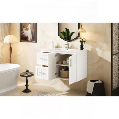 Meuble-lavabo mural 36 po, armoire de rangement flottante avec 2 tiroirs, lavabo simple en céramique 3 trous, armoire moderne avec tablette réglable