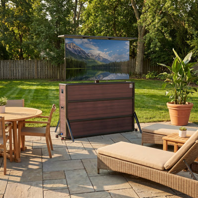 Meuble télé d'extérieur 75 po avec télécommande motorisée, meuble télé de patio en aluminium résistant aux intempéries avec roues pour la piscine, la cuisine extérieure et la grande cour