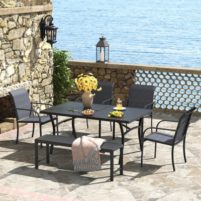 Ensemble repas d'extérieur pour 6 personnes avec chaises empilables et banc