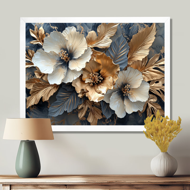 Clarise Goldem Hibiscus liquide Art Harmony II - Hibiscus Wall Art Decor, H 24 po x l 32 po, Avec cadre, Blanc