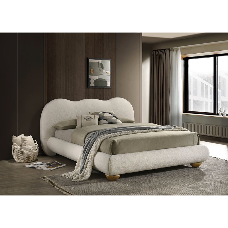 Très grand lit blanc, revêtement Boucle, apparence contemporaine, bois d'hévéa massif et bois d'ingénierie, pieds ronds en bois de chignon pour lit de chambre à coucher, fabrication blanche,