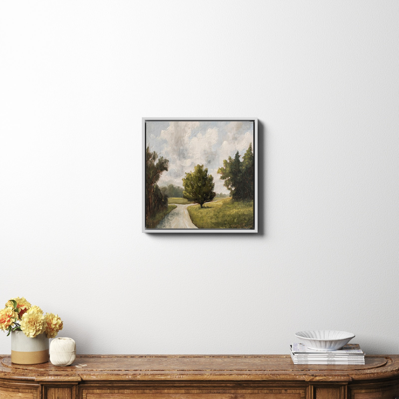 Around The Bend by Miss Mustard Seed, No, White Framed Canvas, 20" H x 20" W x 2" D