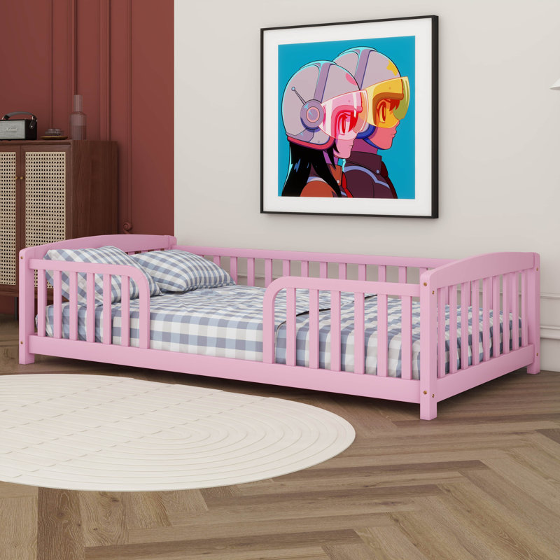 Lit de clôture au sol avec entrée centrale, lit Montessori en bois de pin avec garde-corps, lit plateforme à profil bas, Rose