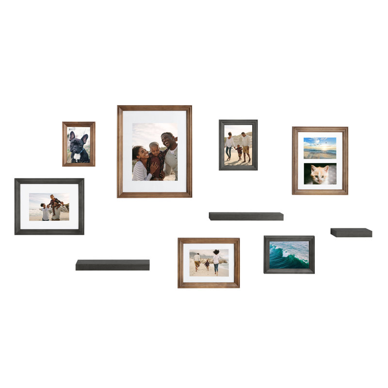 Helf Wood Beveled Picture Frame - Set of 10 with Mat, Brown/Gray