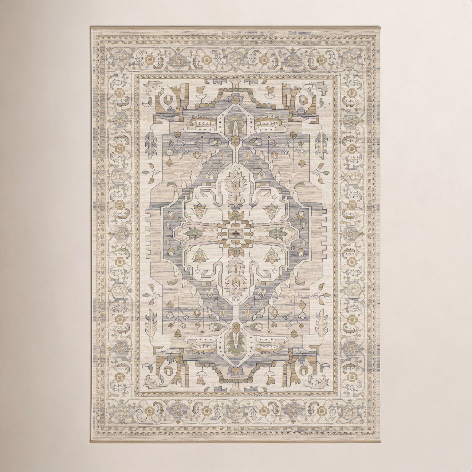 Abena Beige Gray Medallion Oriental Wool Rug, Rectangle 3'3" x 5'