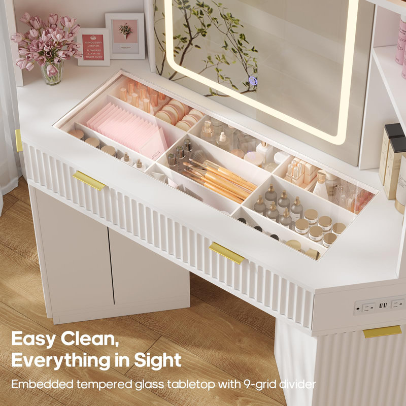 Corner Vanity Desk With Led Lights Mirror, Fluted Wood Luxury Makeup Vanity Desk With Bag Showcase, Big Dressing Table With Glass Top, Cabinets, Shelves, Drawers, Charging Station,White