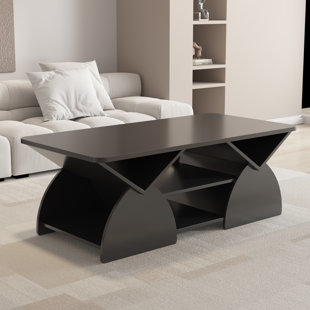Engineered wood rounded corner rectangular coffee table for living room, easy assembly storage table with open shelves sturdy frame for Reception Room, Modern Coffee Table Geometric Design BLACK