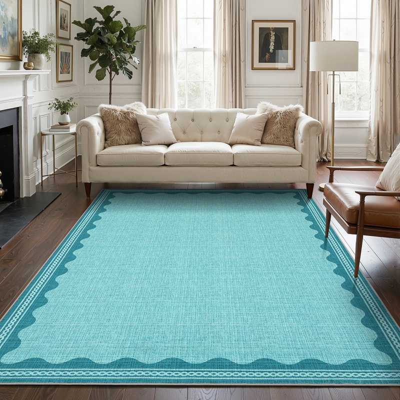 Tapis festonné et lavable pour tapis de chambre à coucher moderne, Sarcelle, Rectangulaire 8 pi x 10 pi
