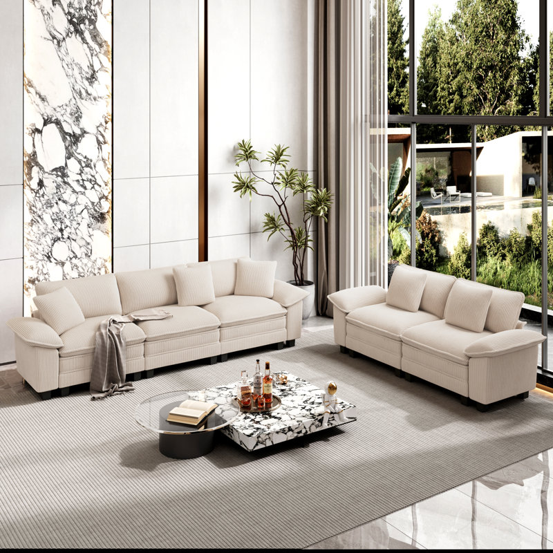 5 - Piece Living Room Set, Beige Corduroy