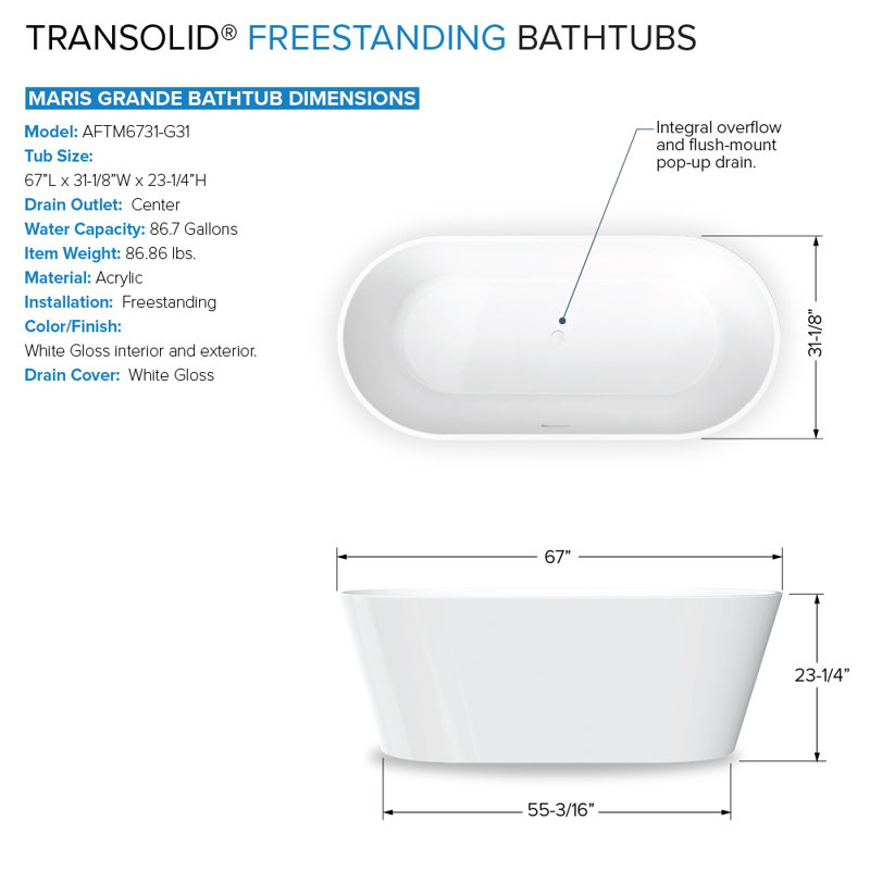 Transolid Freestanding Bathtub, In White, 23.25" H x 31.13" W x 66.88" D