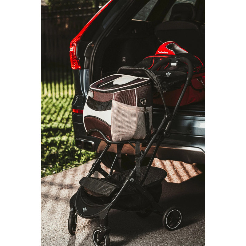 Foldable Black and Beige Pet Stroller with Detachable Carrier