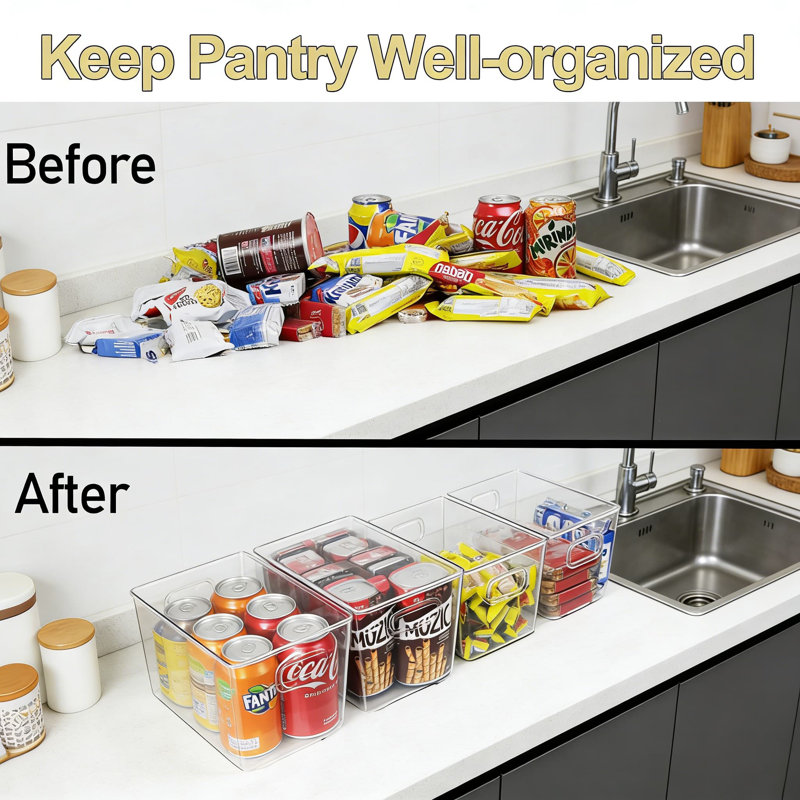 Clear Plastic Storage Bins With Handles, 6-Pack Organizer Containers For Kitchen Pantry Cabinet Organization, Durable Stackable Storage Solutions