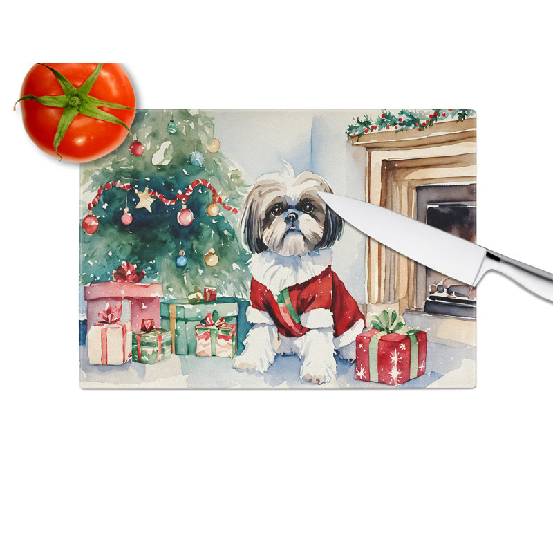 Grande planche à découper en verre Shih Tzu Cozy Christmas