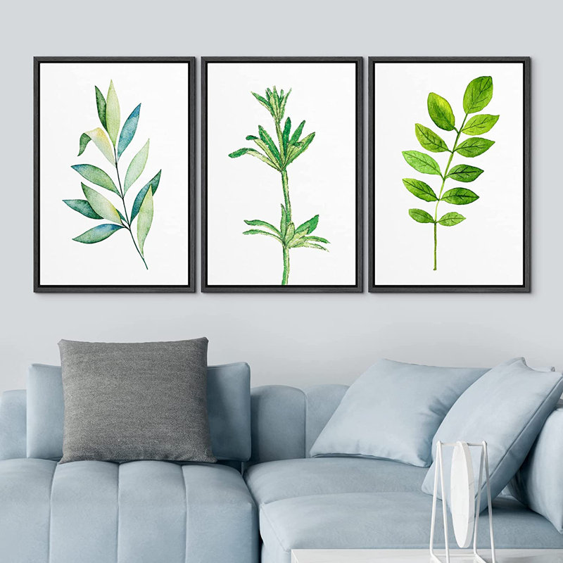 IDÉE4WALL, ensemble de reproduction d'art encadré vert pastel, feuille de forêt, trio de plantes, illustrations, art moderne, groupe rustique, détente / calme, multicolore, ultra pour le salon, la chambre à coucher, le bureau